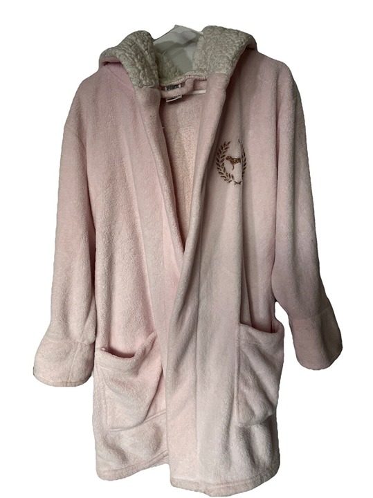 Victoria's Secret Sherpa Plush Hooded Robe Pink Rose Gold Dog Bling Size M/L