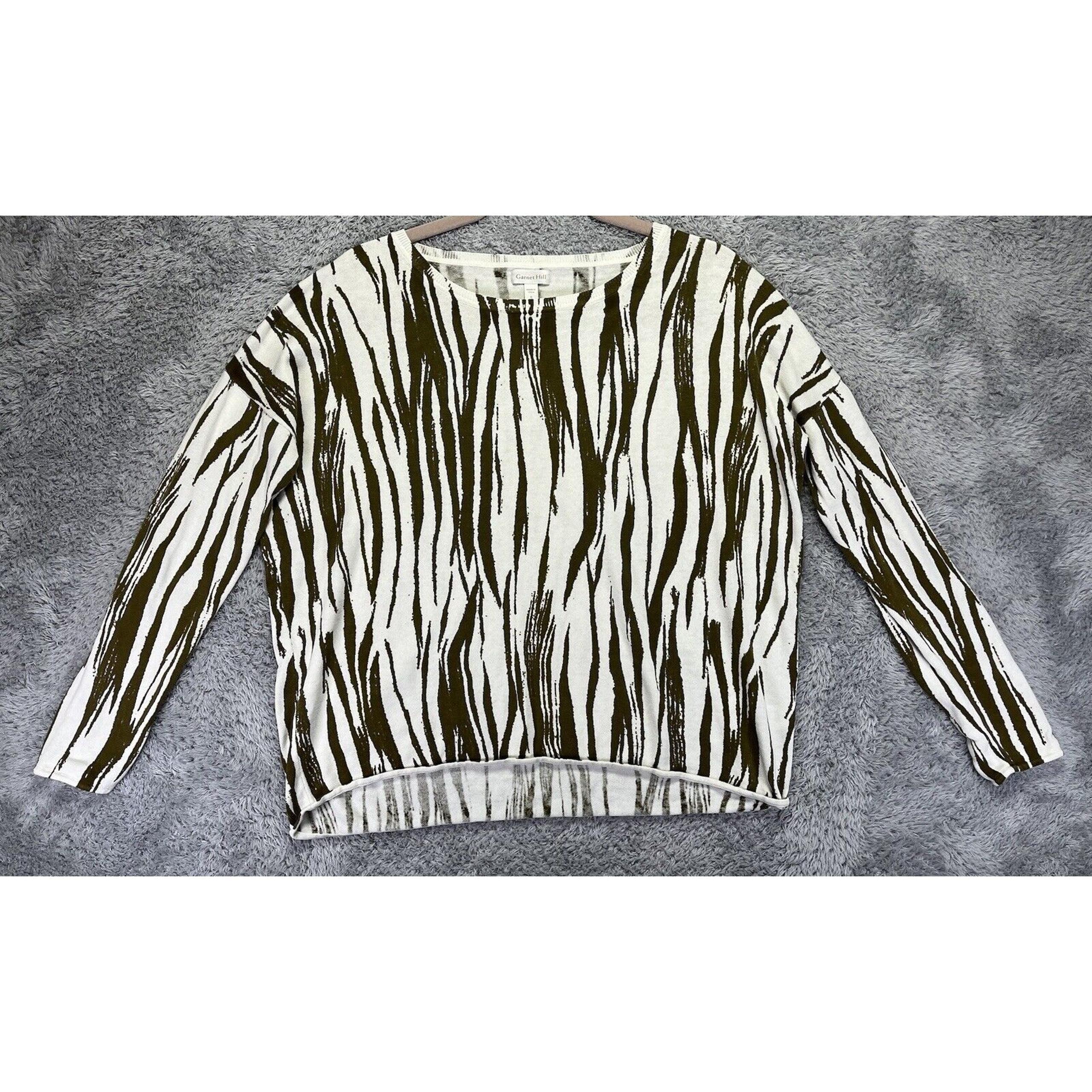 Garnet Hill Womens Sweater Silk Cotton Blend Olive Green Ivory Zebra Print S