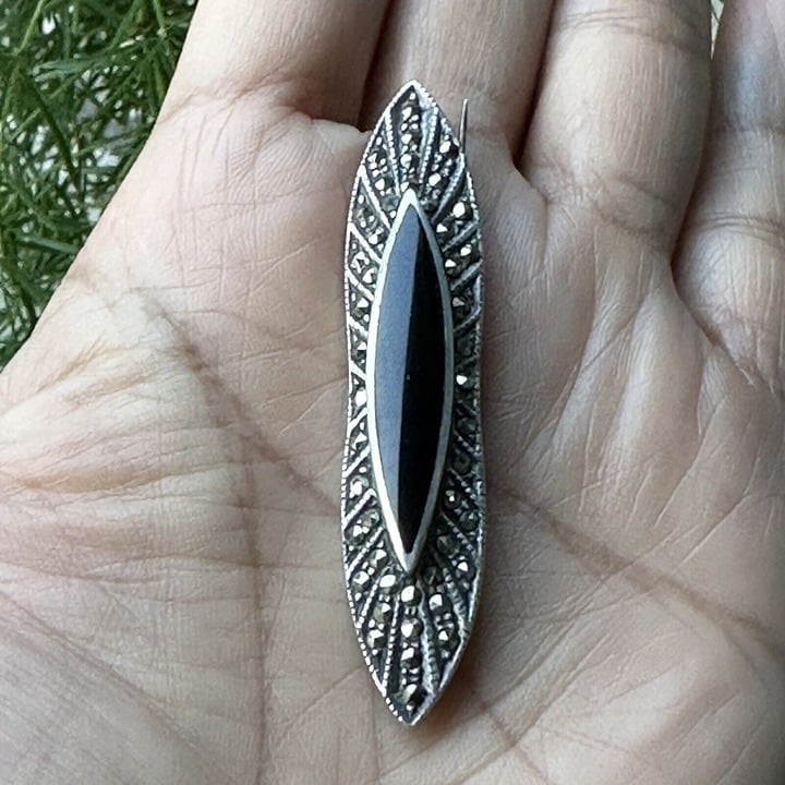 Brooch Black Onyx Cabochon Marcasite 925 Sterling Gem Art-Deco-Style Pin VTG