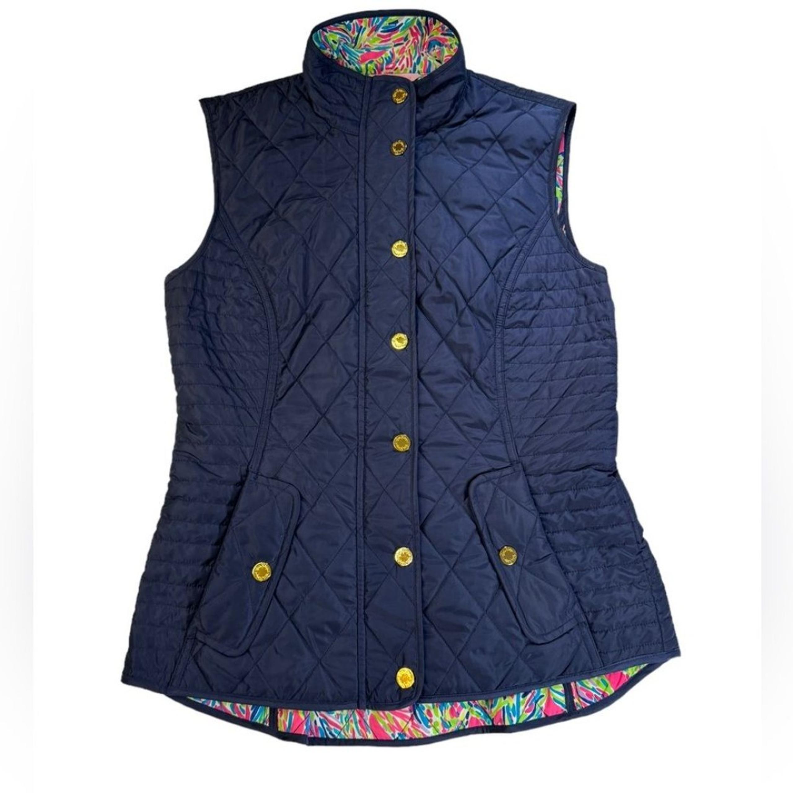 Lilly Pulitzer Getaway Navy Quilted Vest Colorful Lining Size Extra Small Womens
