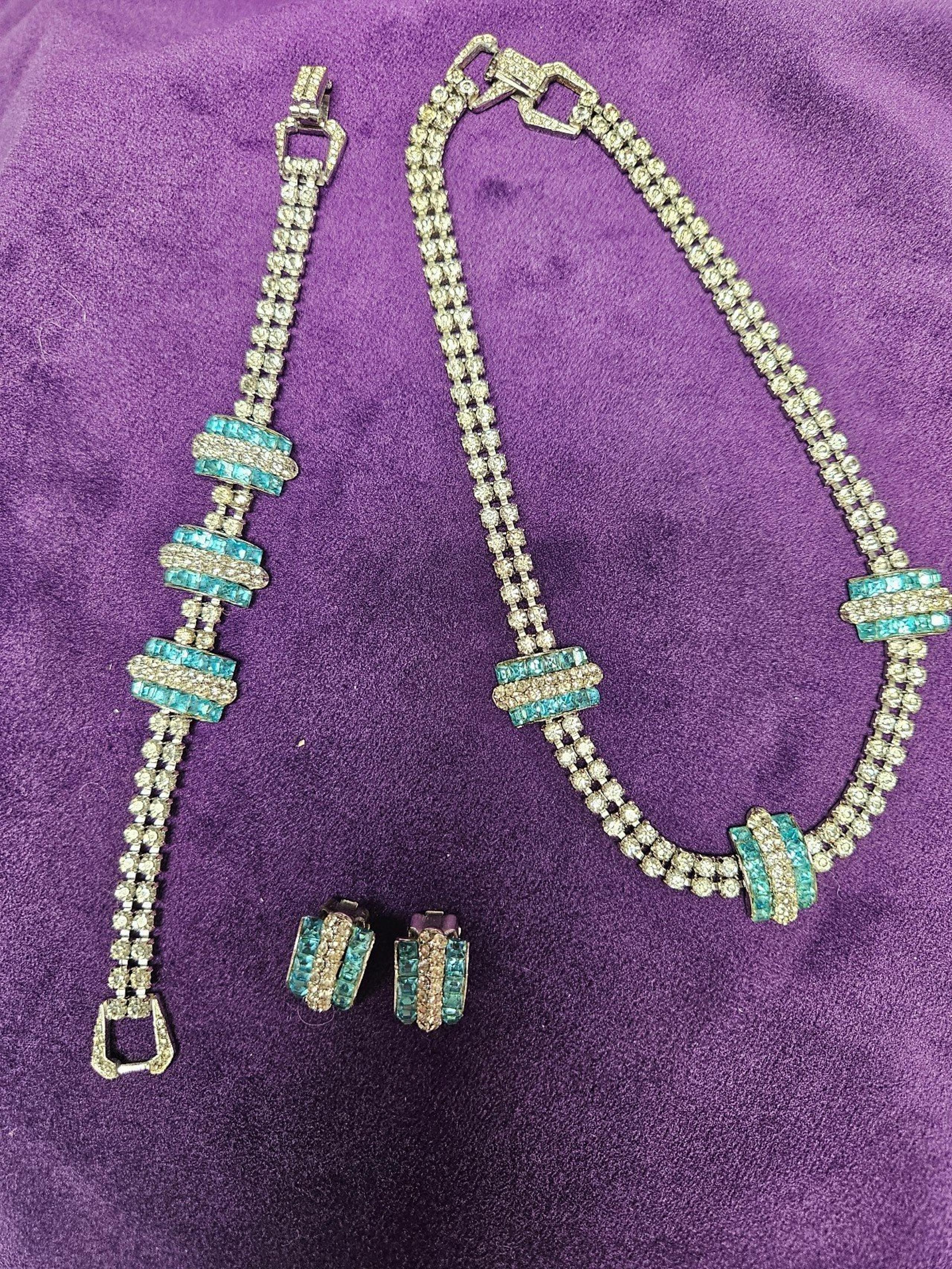 Art Deco Clear and Bright Blue Rhinestone Set
