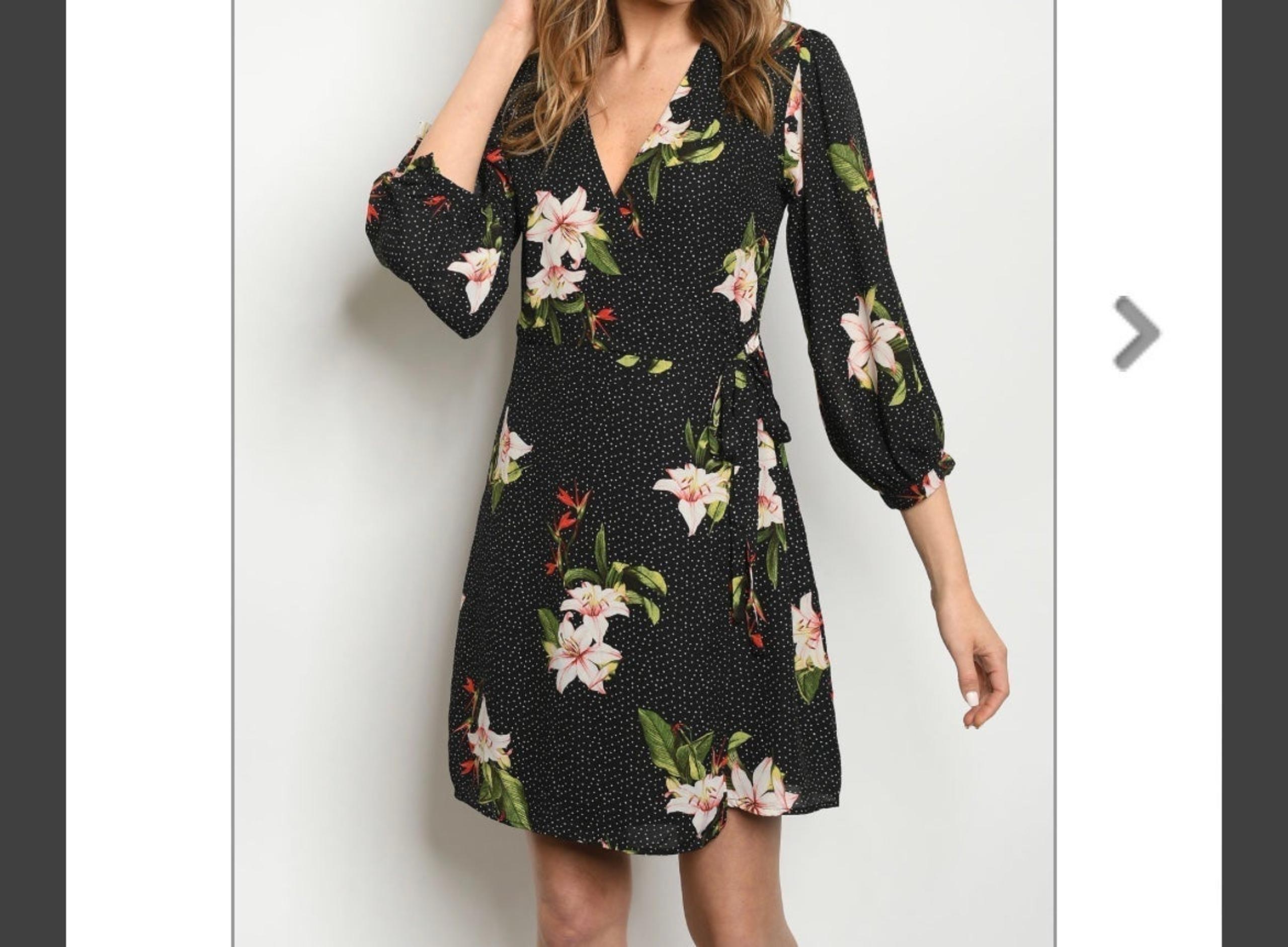 Gilli Wmns Wrap Dress Black Floral Midi Length Oversized Long Sleeve V Neck Sm
