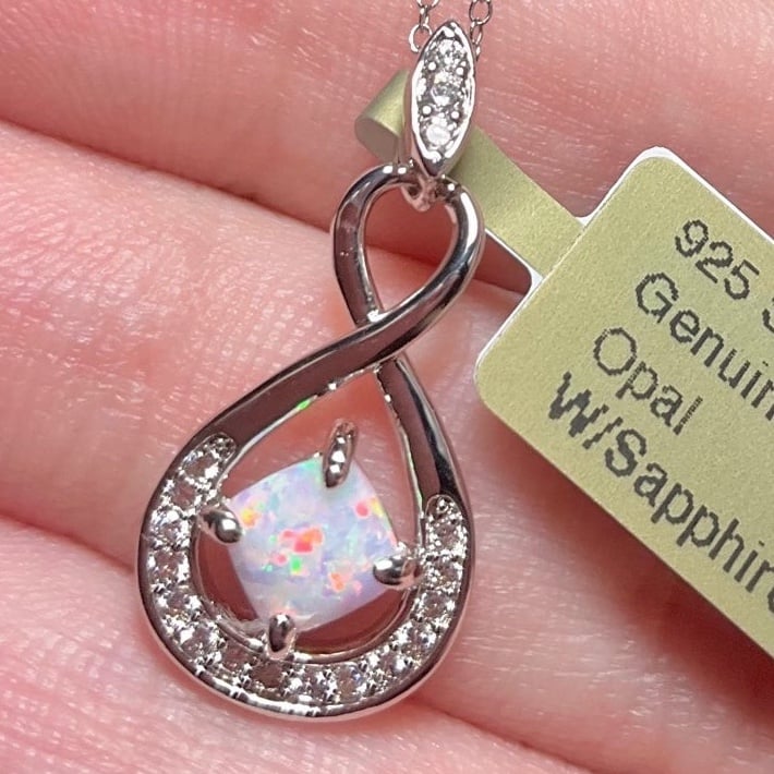 Opal and White Sapphire Pendant Necklace Sterling Silver Pendant Fire Opal