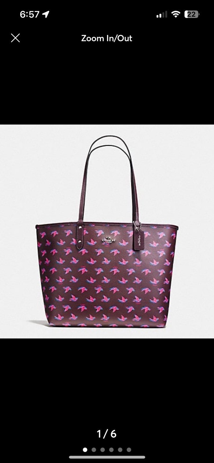 Coach Large City Reversible Tote - Birds and Burgundy