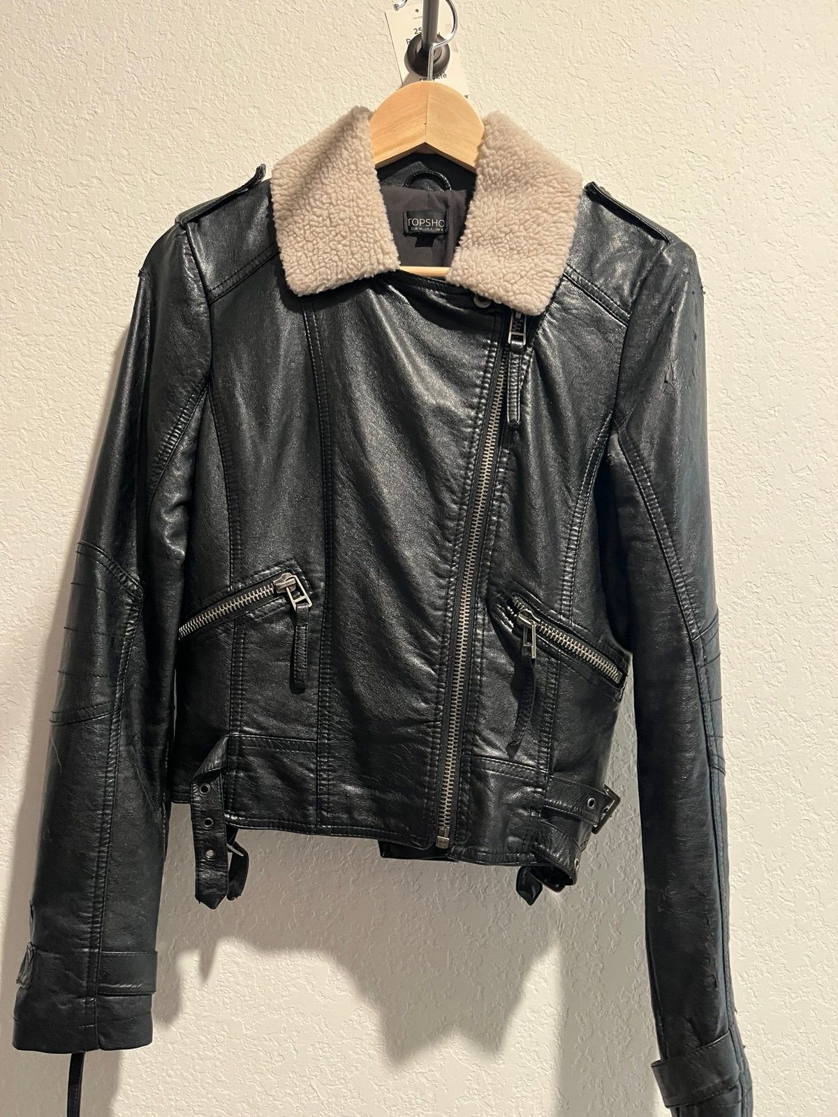 Vintage Topshop Faux Leather Jacket with Faux Sheepskin Trim US4