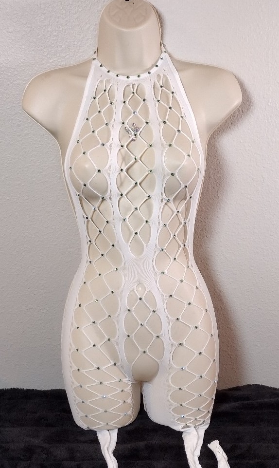 White Hand Rhinestoned Fishnet Bodysuit Exotic Dancewear Dance Rave Party Outfit