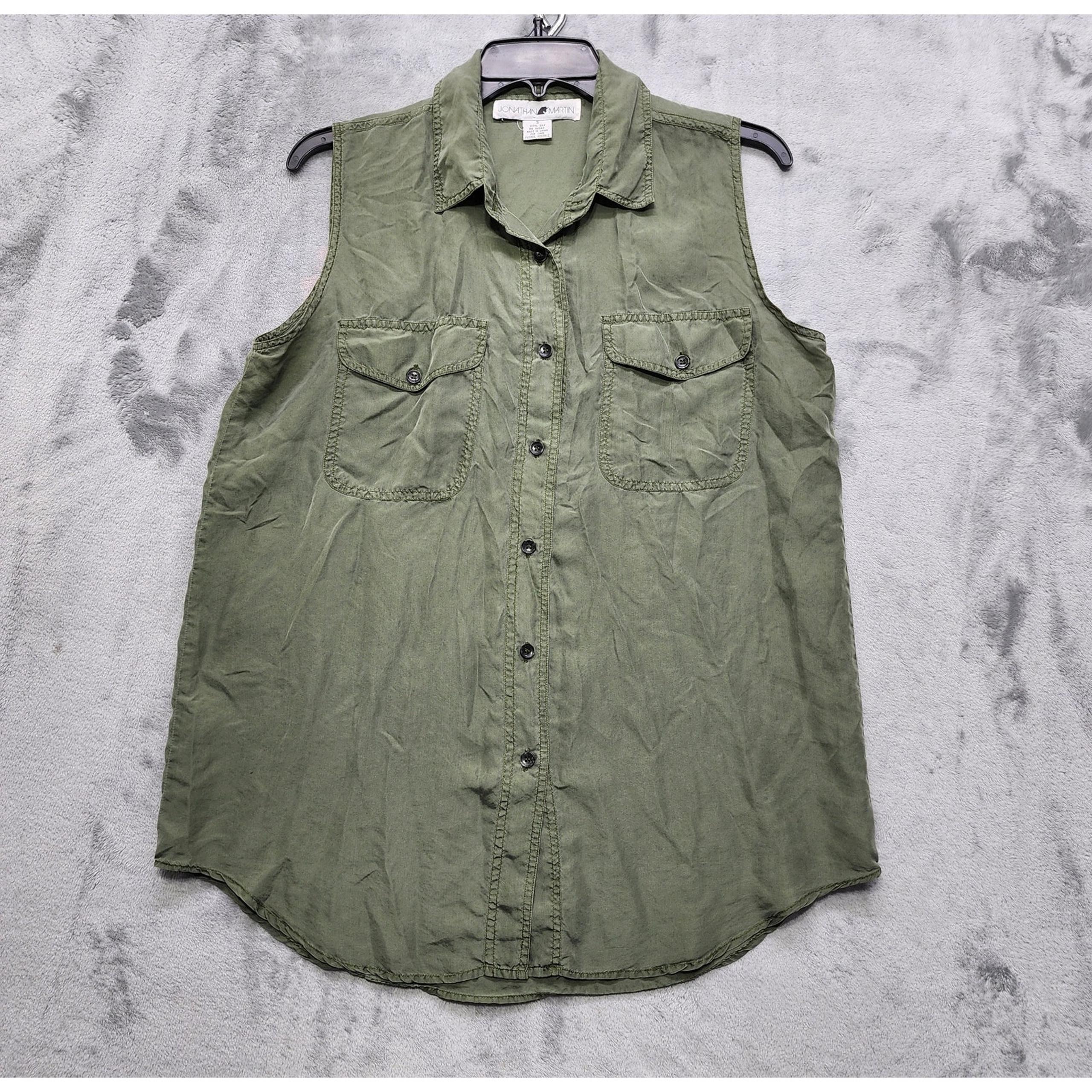 Vintage 80s Jonathan Martin Top Womens S Green Silk Sleeveless Button Up Preppy