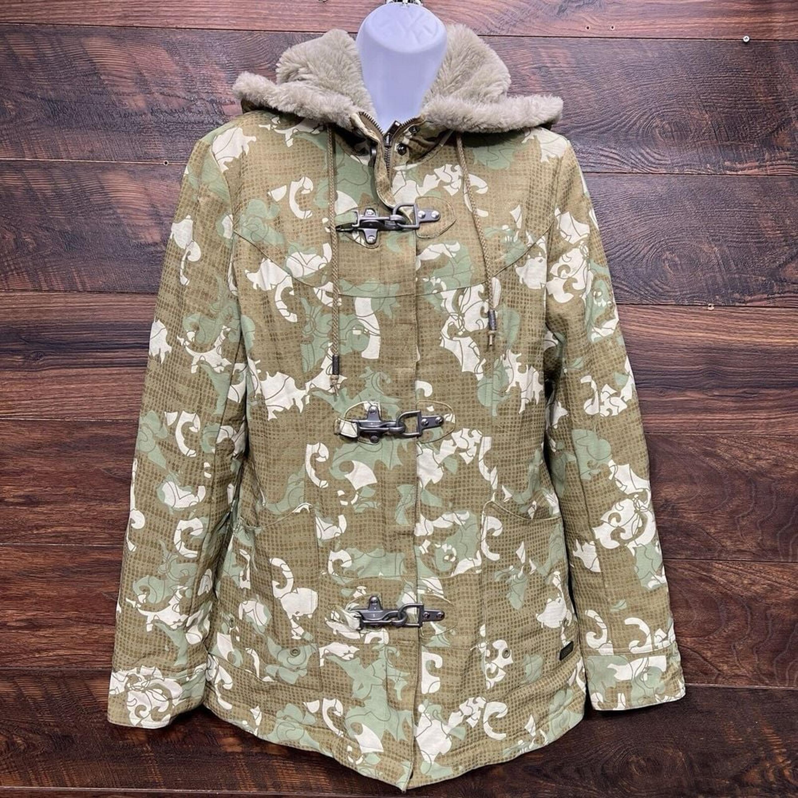VTG Oakley Camo Coat Jacket Womens Med  Sherpa Faux Fur Hooded Parka Toggles