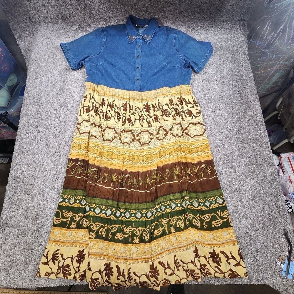 Vintage MPH Dress Womens 3X Boho Prairie Western Floral Denim Aztec Tie Back