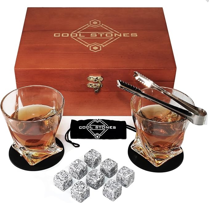 2 Whiskey Glasses and Whiskey Stones with Tongs in Velvet Bag