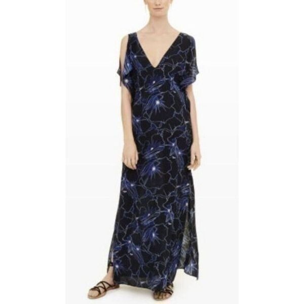 Club Monaco Dress Womens Maxi Cold Shoulder V Neck Blue Floral Size 2