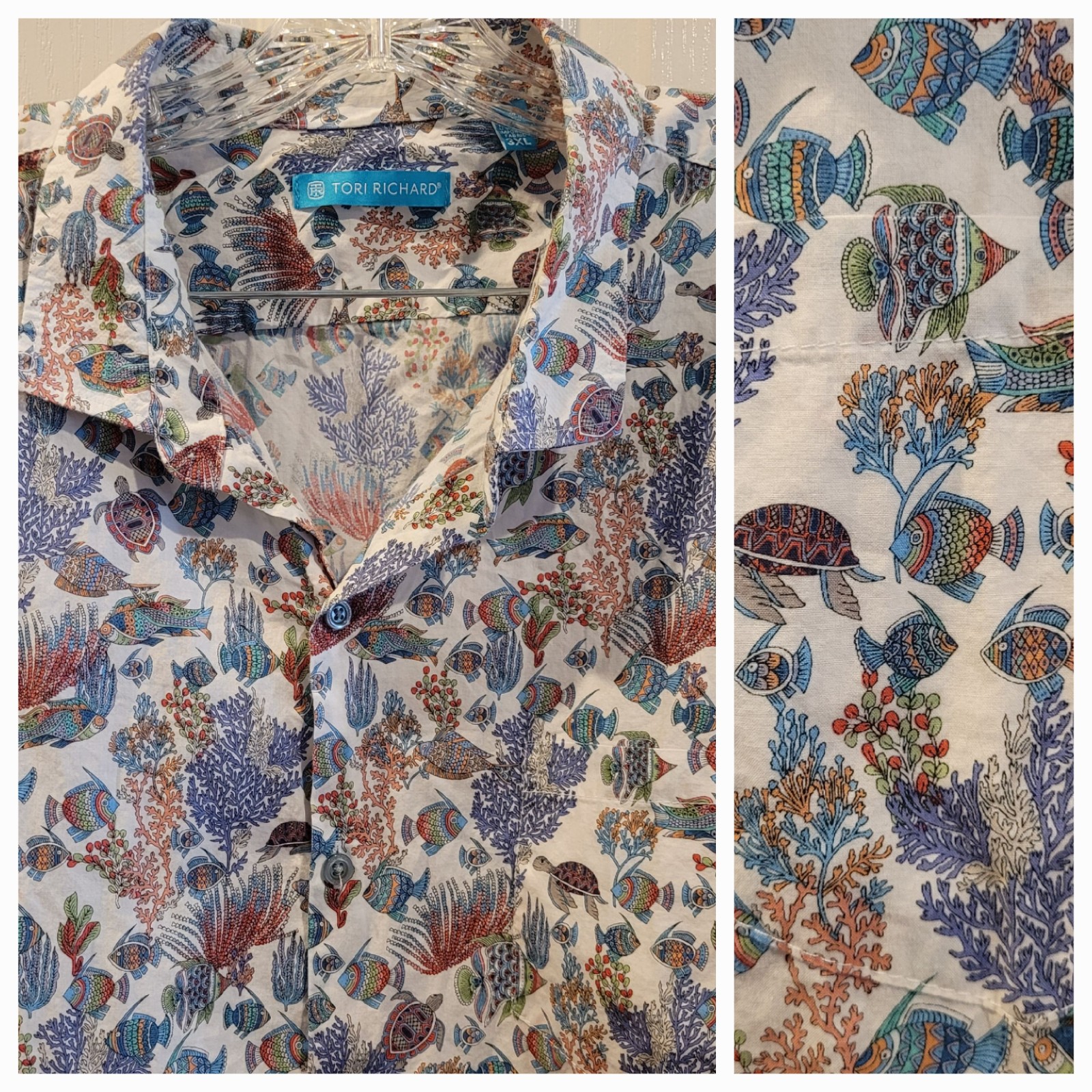 Tori Richard Mens Cotton Lawn Camp Shirt Aquaculture 3XL Fish Fishing Aloha