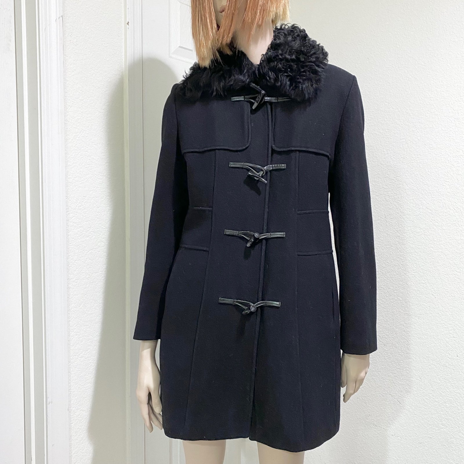 BANANA REPUBLIC Black Mid Length Wool Blend Coat w/ Detachable Faux Fur Collar S