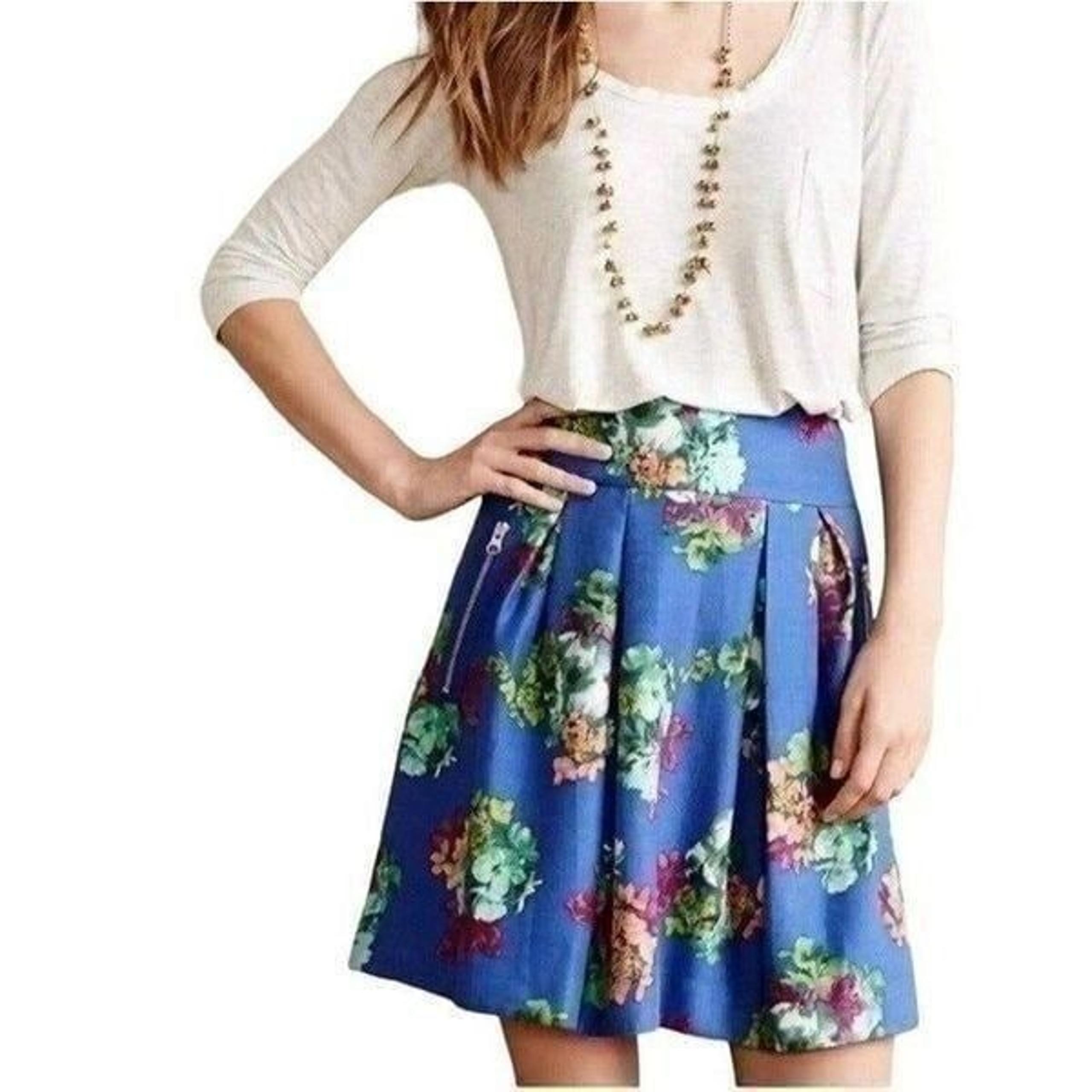 Maeve by Anthropologie Garden Days Silk Blend Pleated Skirt Blue Size 10