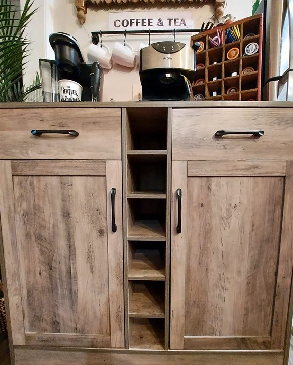 NEW Wine Bar Cabinet with Drawers and 6-Bottle Wine Rack, Grey