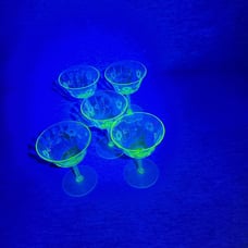 Uranium Set Of 5 1930’sGlass Wine Glasses Etched Vaseline Glass