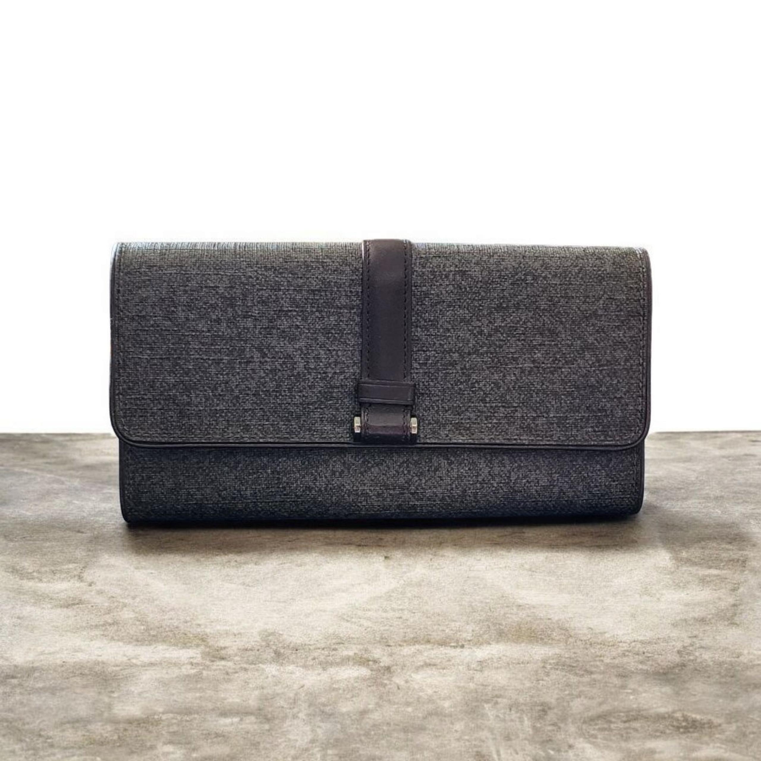 TUMI Gray Coated Canvas + Brown Leather Trim Long Bifold Wallet Womens