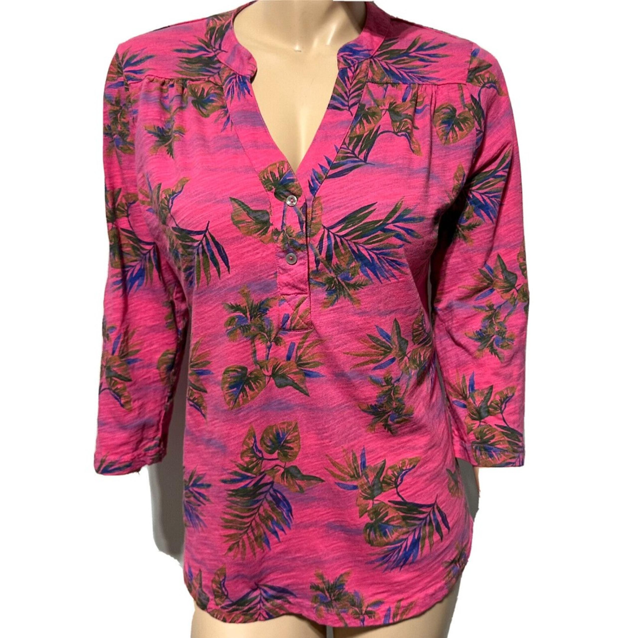 Fresh Produce Women’s Top Size M Pink Tropical Print 3/4 Sleeve Tee Cotton USA