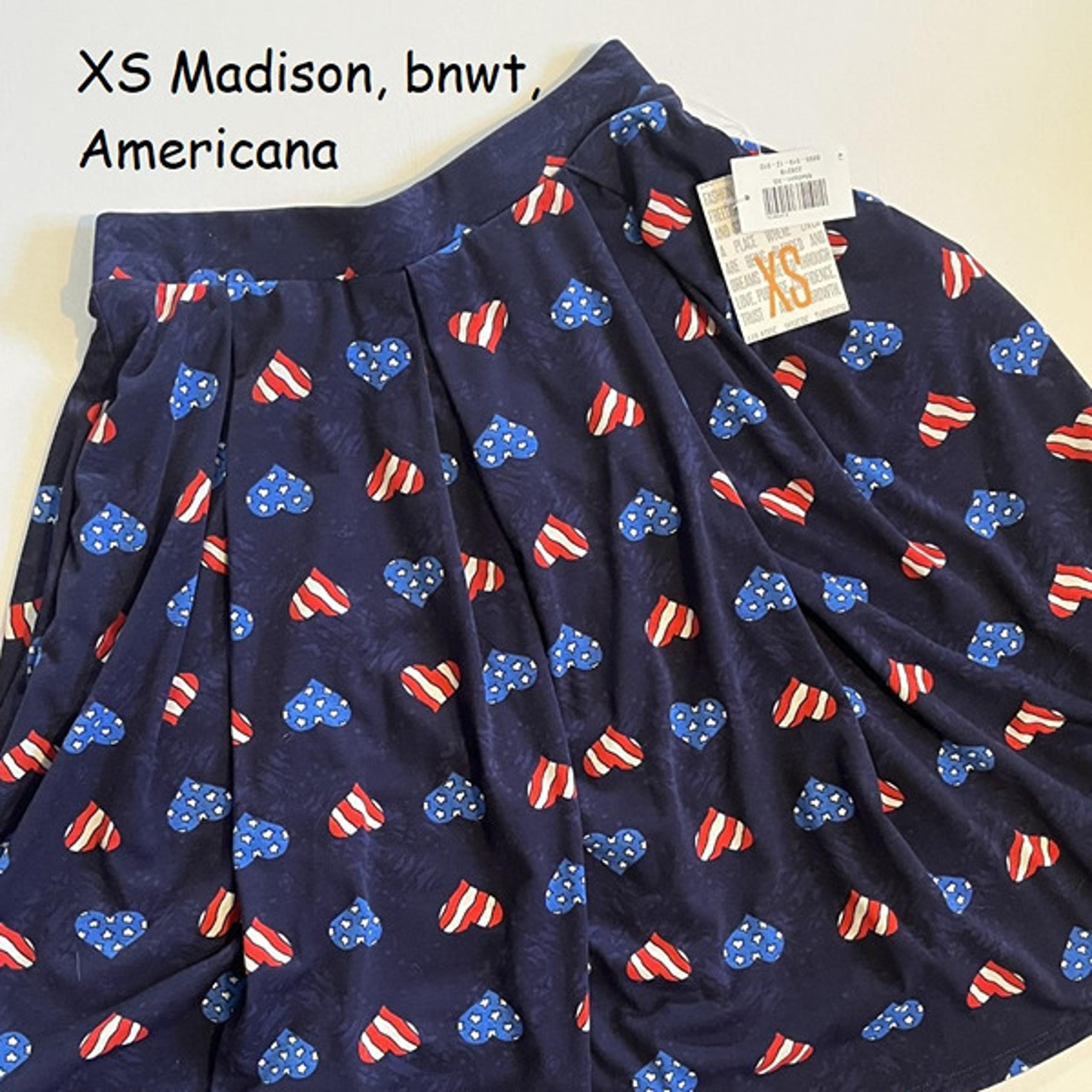 XS Lularoe Madison full Skirt, Americana hearts, stars, and stripes