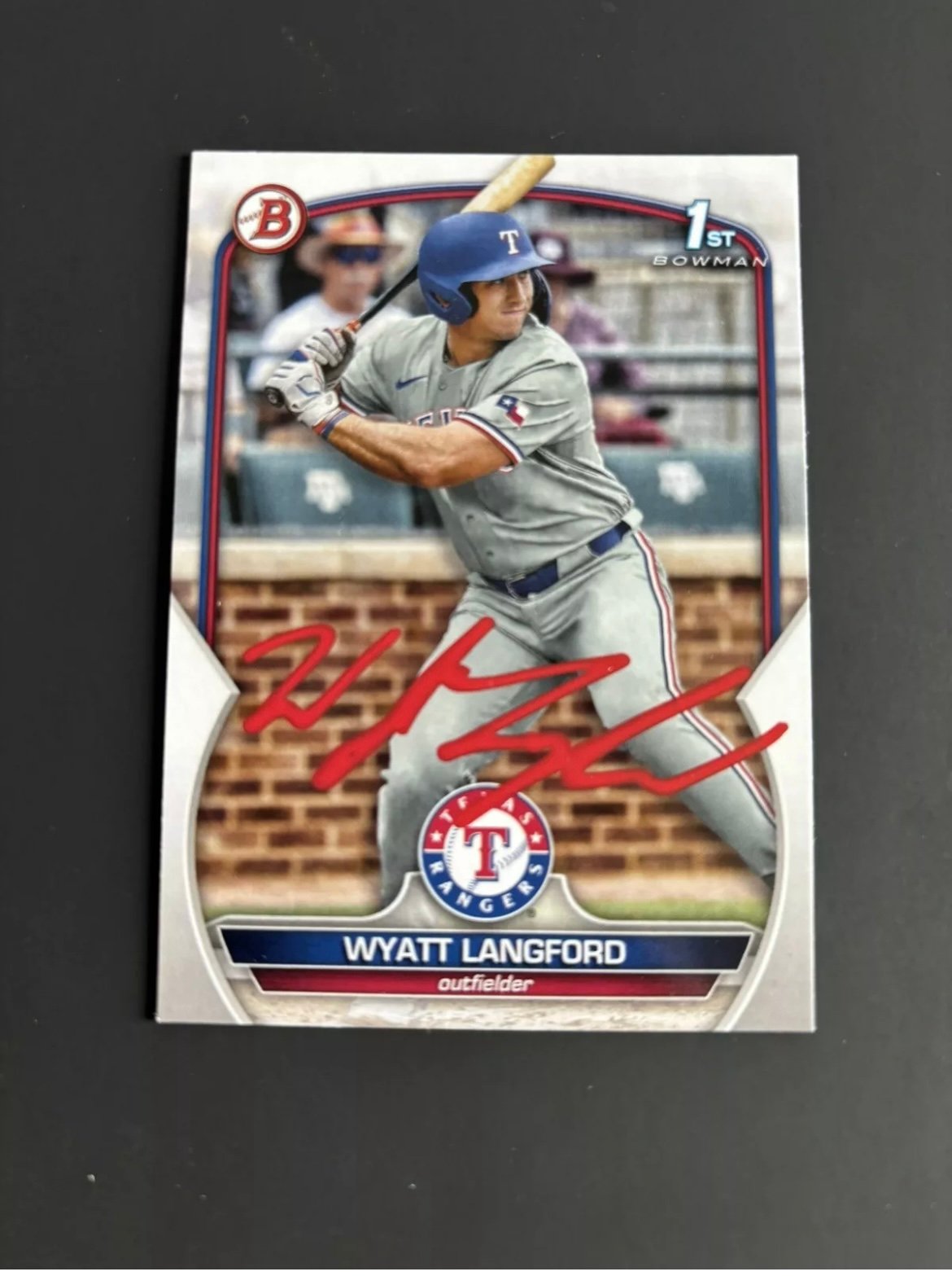 Wyatt Langford (Texas Rangers) Signed 2023 1st Bowman Card On Card Auto