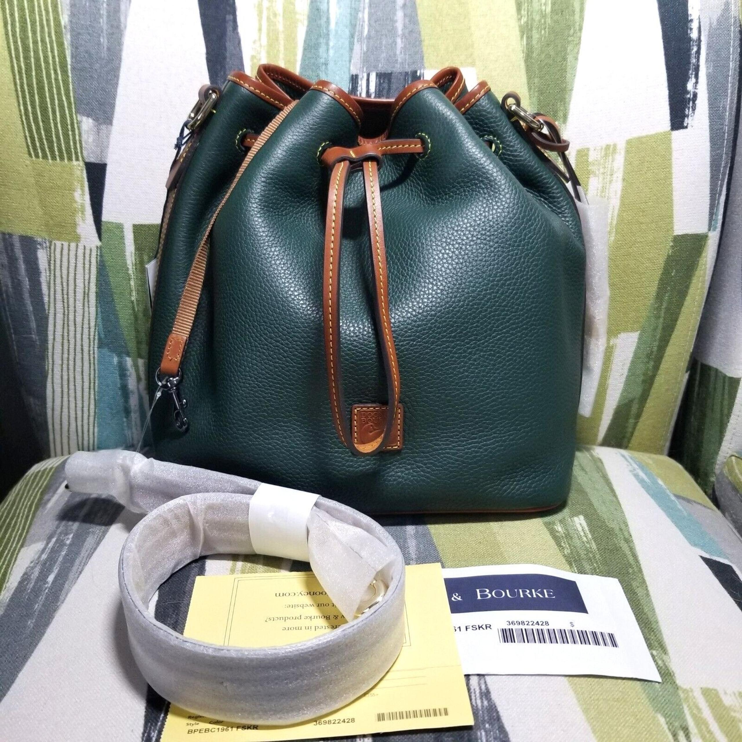Dooney & Bourke Pebbled Leather Drawstring Forest(Green) Bucket Bag Hobo