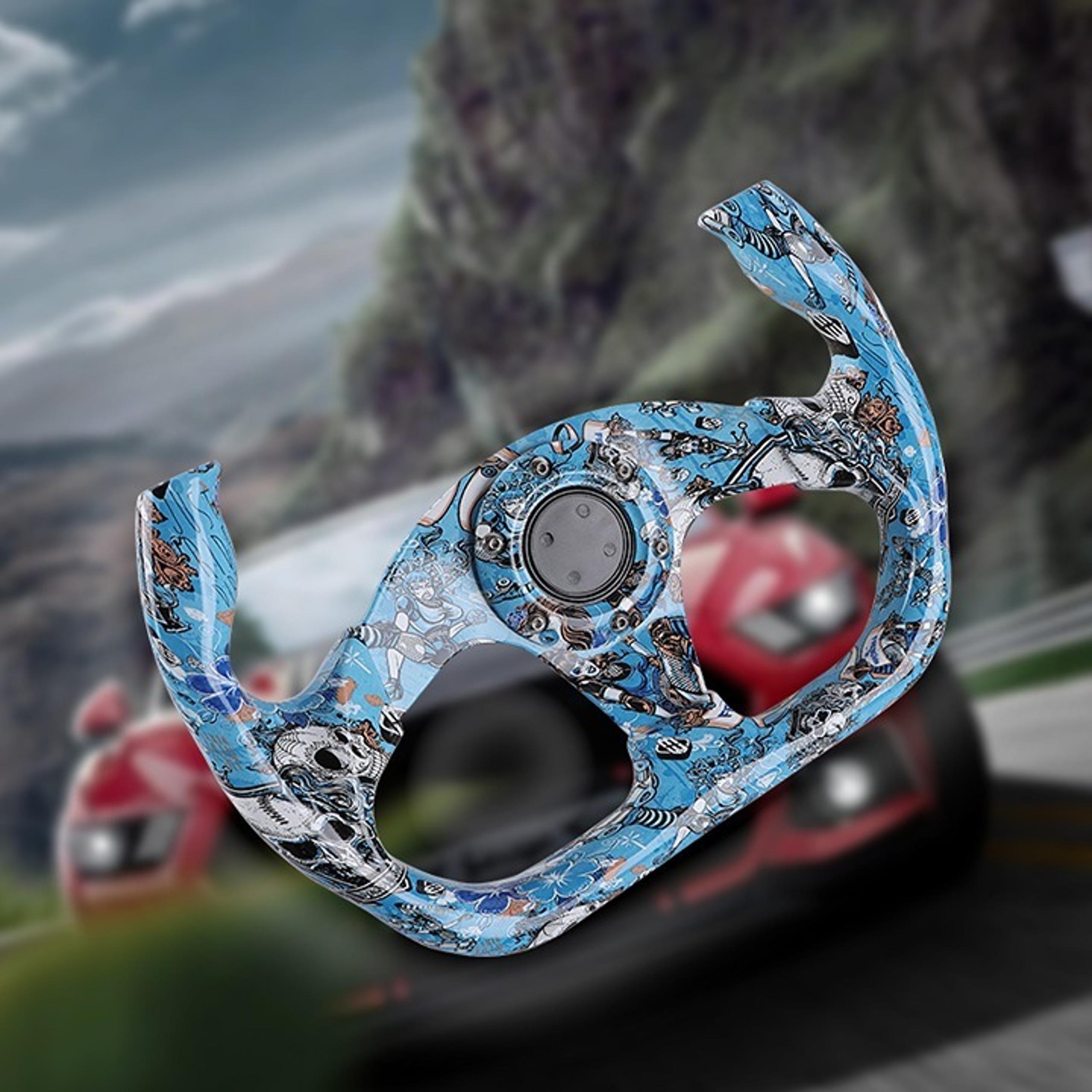 NEW UNIVERSAL 330MM Graphic Skull Look Yoke Style 6 Holes Blue Steering Wheel