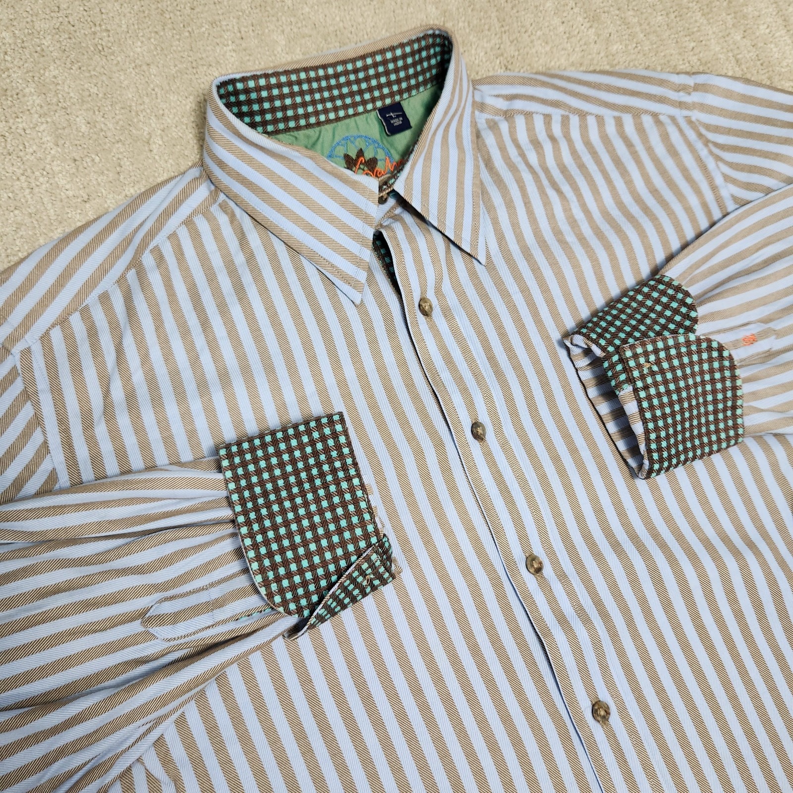 Robert Graham Shirt Men Large Striped Herringbone Twill Button Up Flip Cuff
