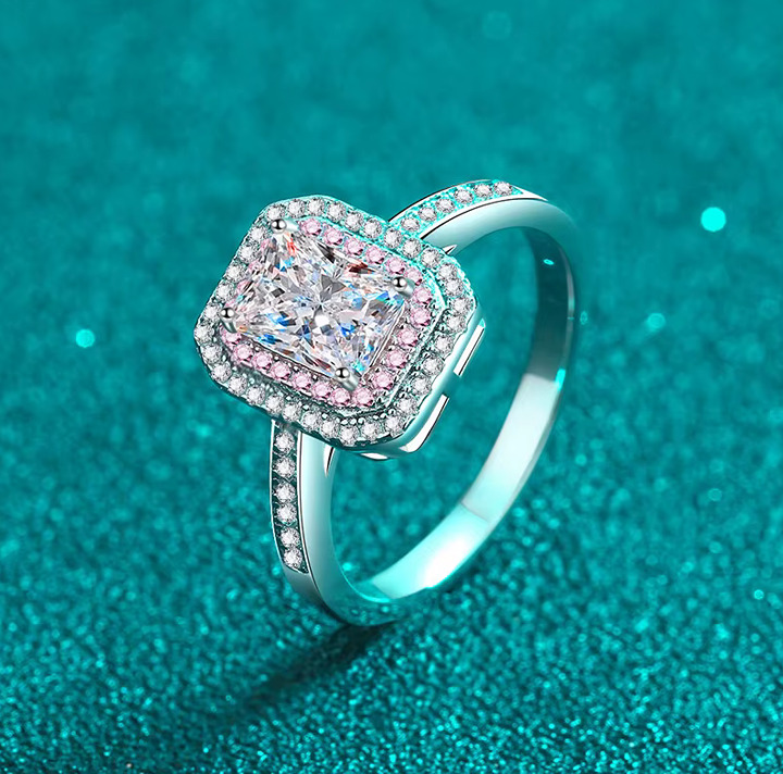 18K 925 Sterling Silver 1CT Radiant Cut Moissanite Pink Inlaid Ring (Size 5-10)