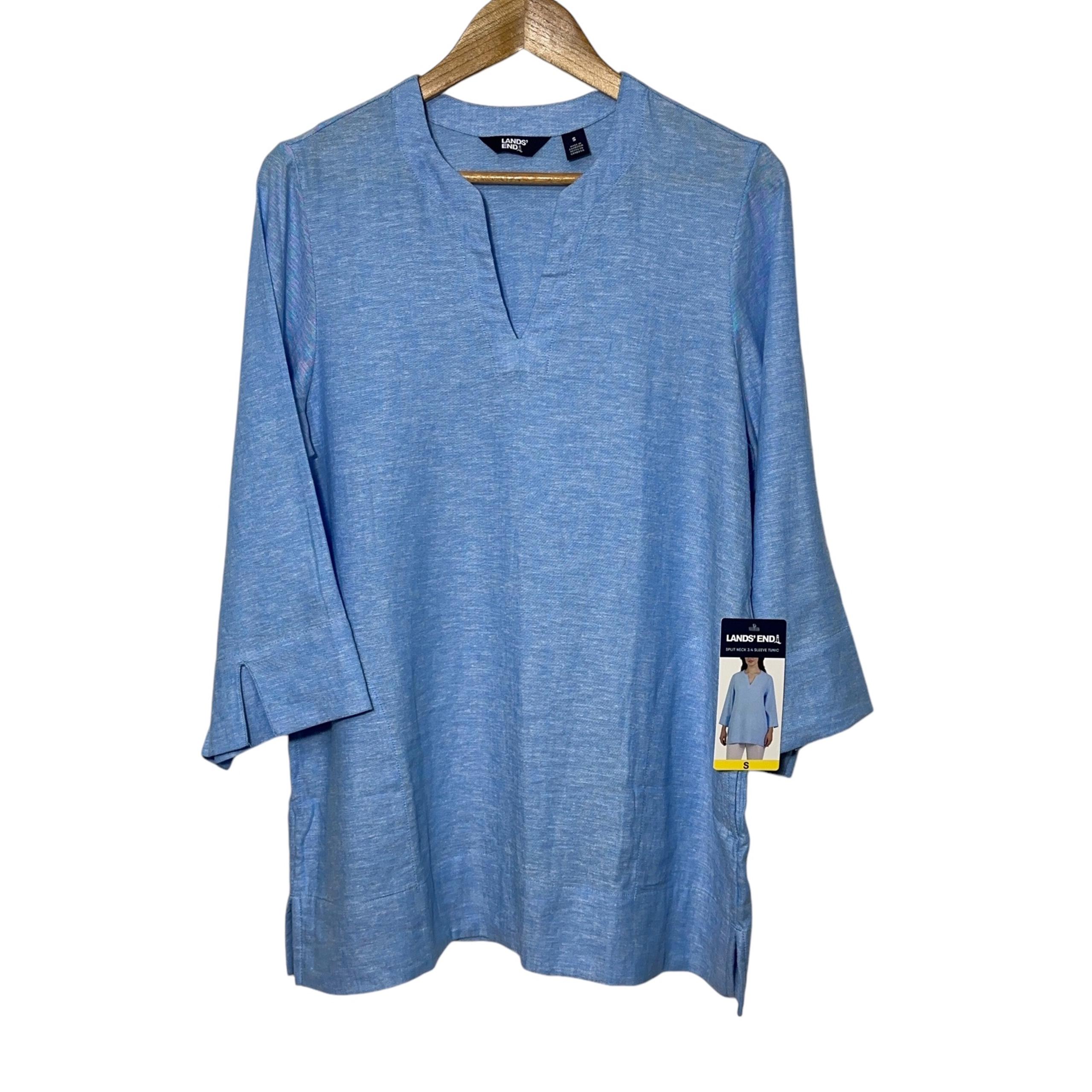 NWT Land End Womens Linen Blend Split Neck Tunic Top Size S 3/4 Sleeve POCKETS