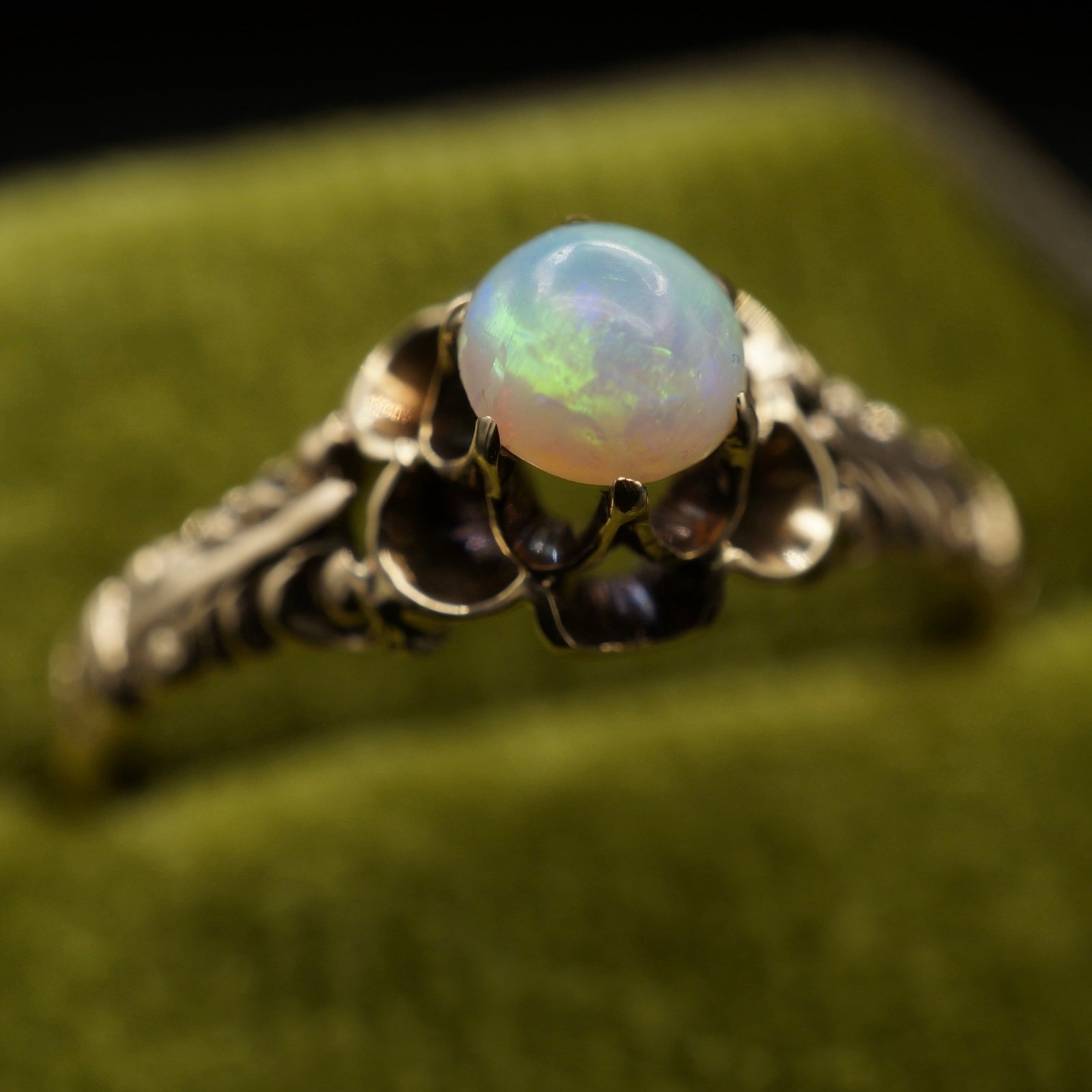 c.1890 Victorian Engagement Ring Opal 10k SOLID Gold Chased Buttercup Setting
