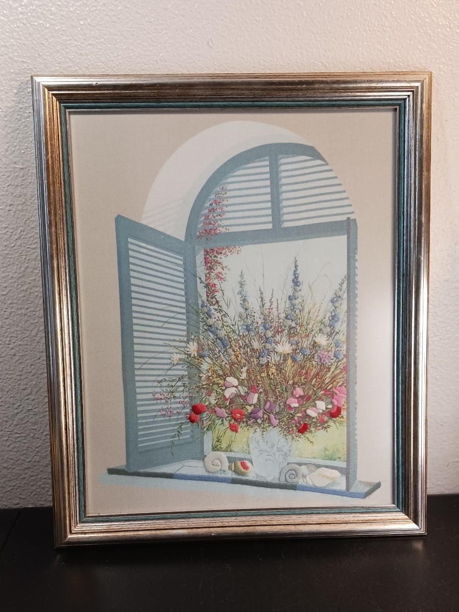 Vintage Crewel Embroidery Flowers In Arched Window 1986 Completed Framed 21 x17