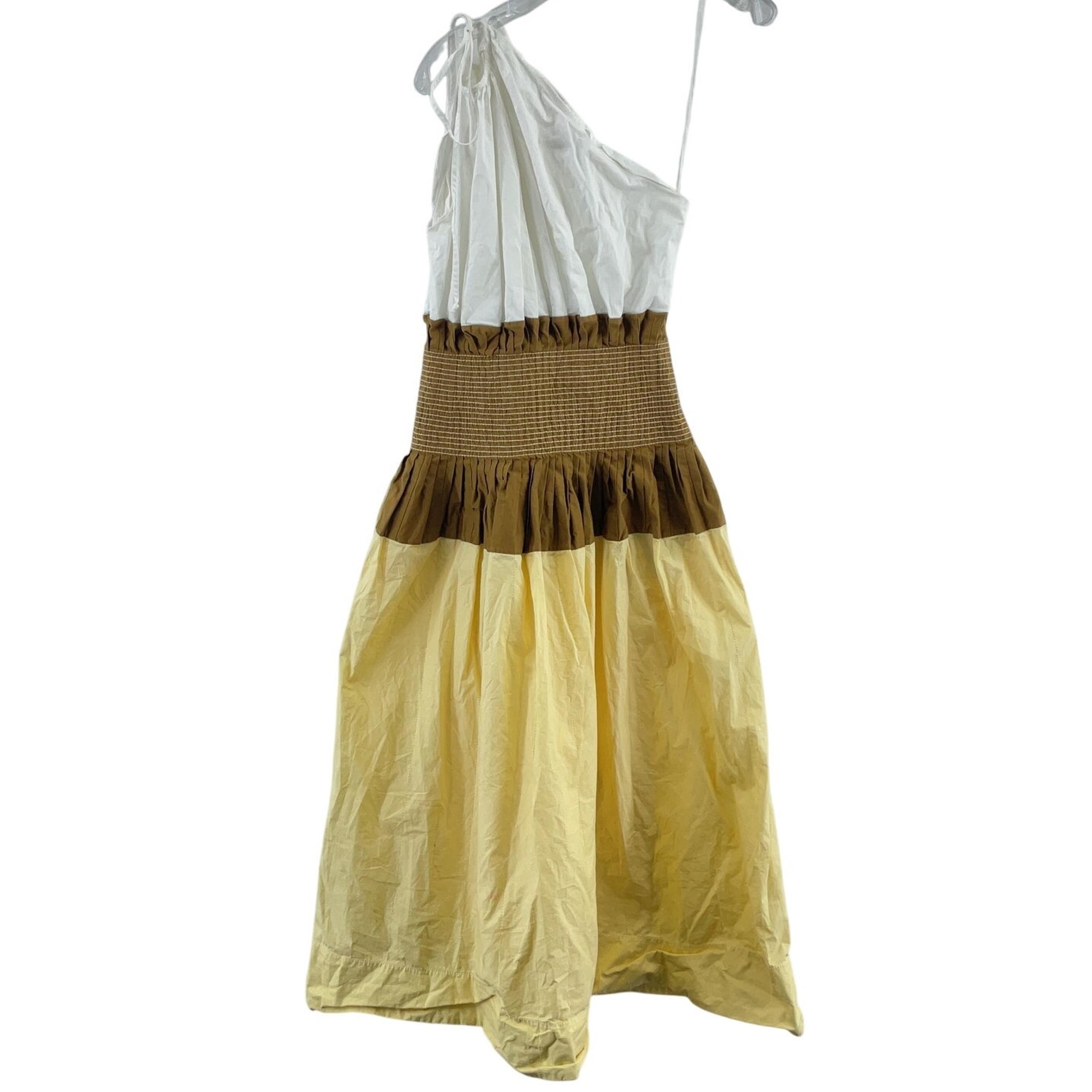 Tory Burch White/Yellow One-Shoulder Color Block Midi Dress Womens Size 0 Cotton