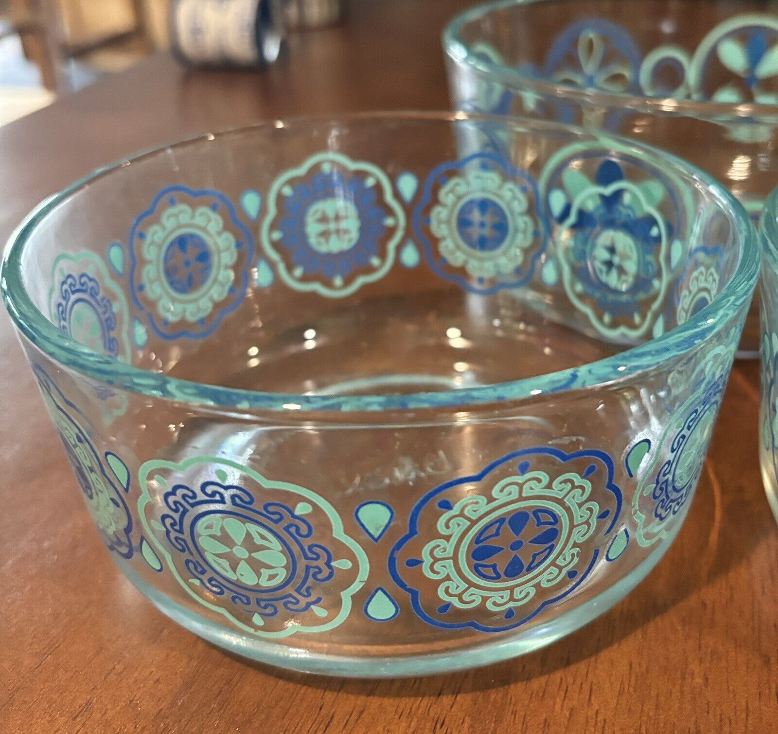 Pyrex Light Blue Daisy & Pinwheel Bowls Set of 3 Good Condition 2@ 6 and 1 @ 7