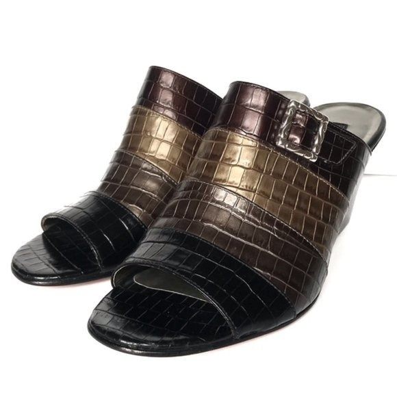 BRIGHTON Robin Striped Wedge Croc Mules 10 Black
