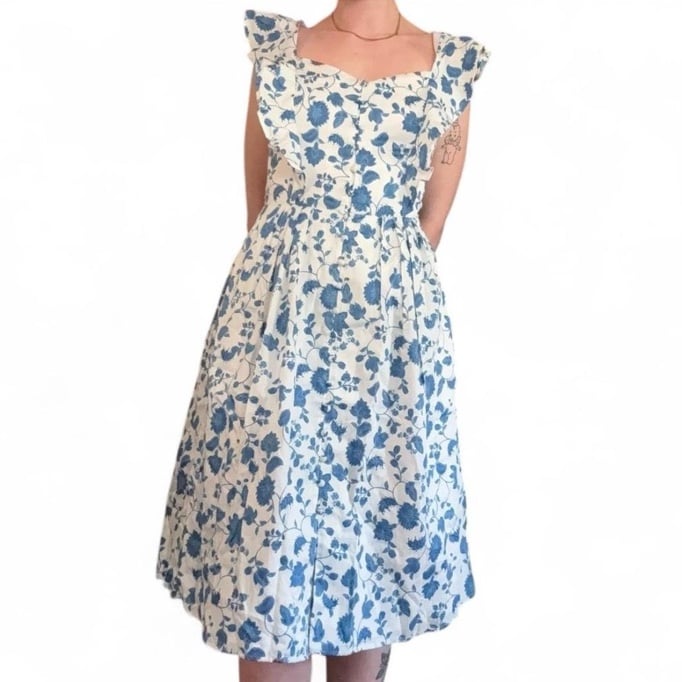 Olivia Blue White Floral Ruffle Sleeve Belted Midi Gal Meets Glam dress