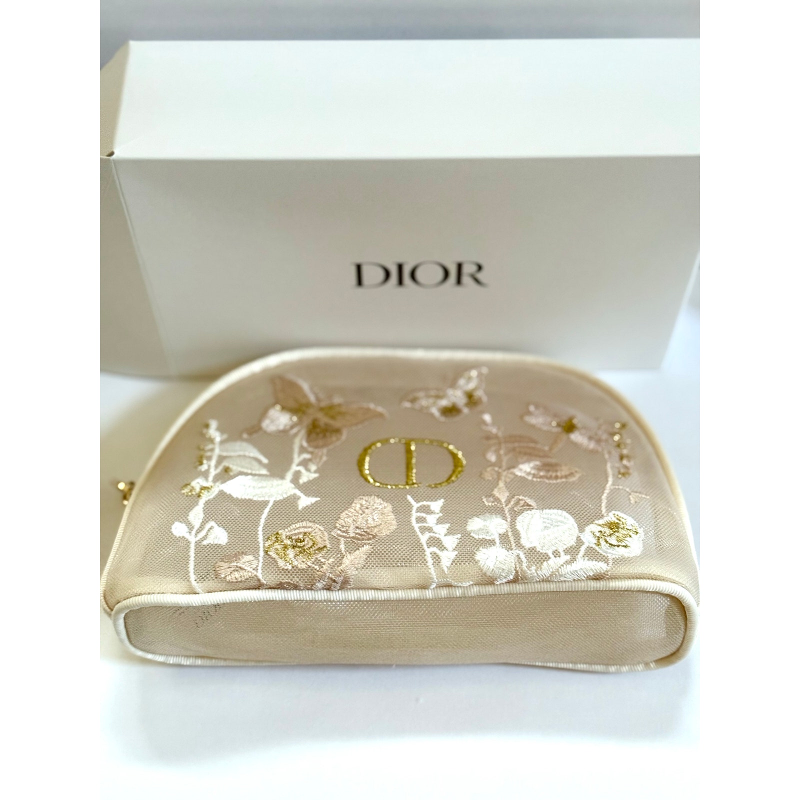 Dior Embroidered Beige Pouch with Floral Detail & Box – Limited Edition VIP Gift
