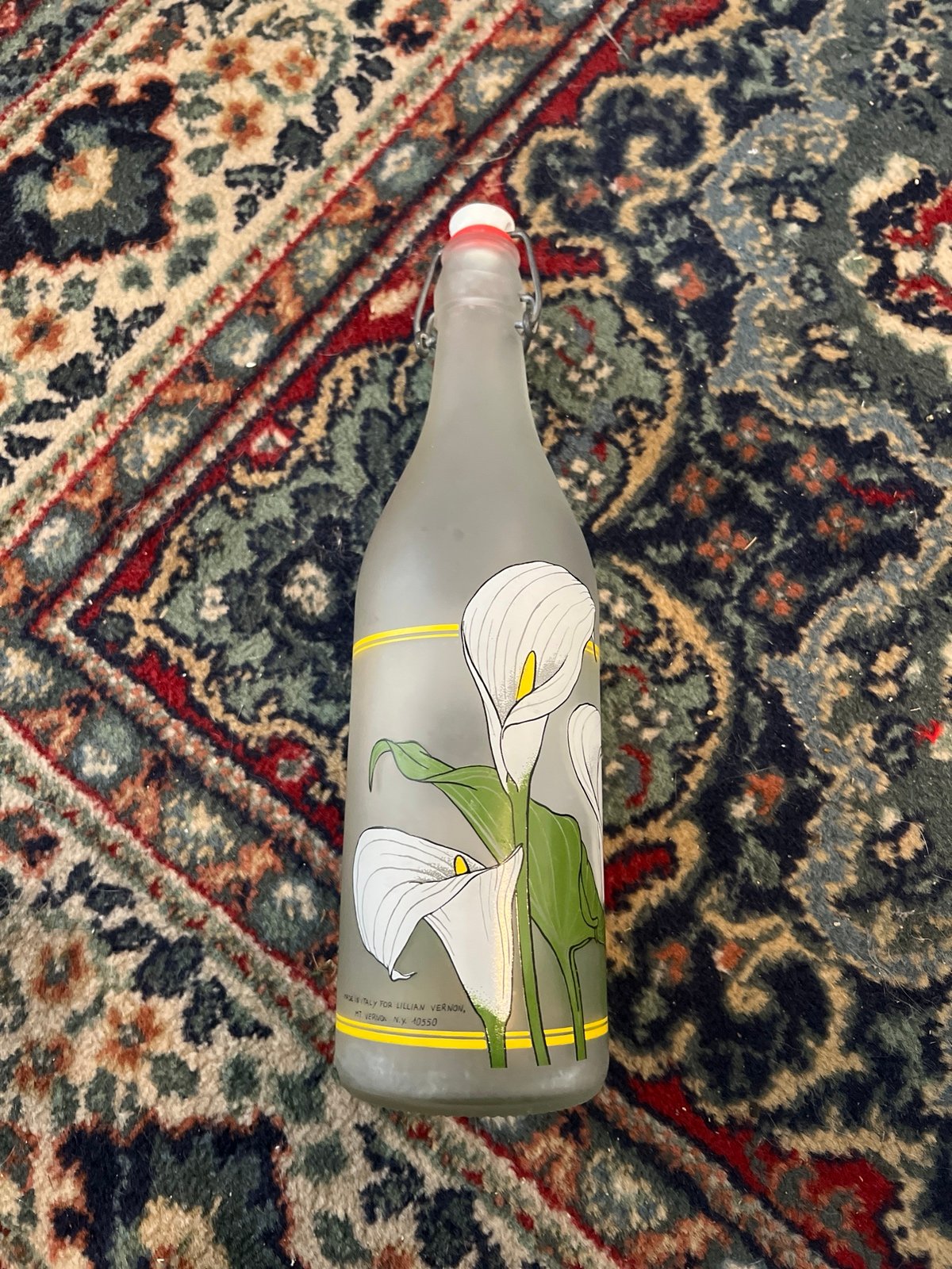 Vintage 1983 Italy Provender Painted Calla Lilly Frosted Glass Bottle