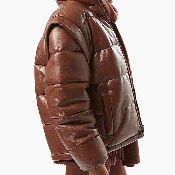 WeWoreWhat Women’s Snap Off Sleeve Matte Faux Leather Puffer Jacket Cacao