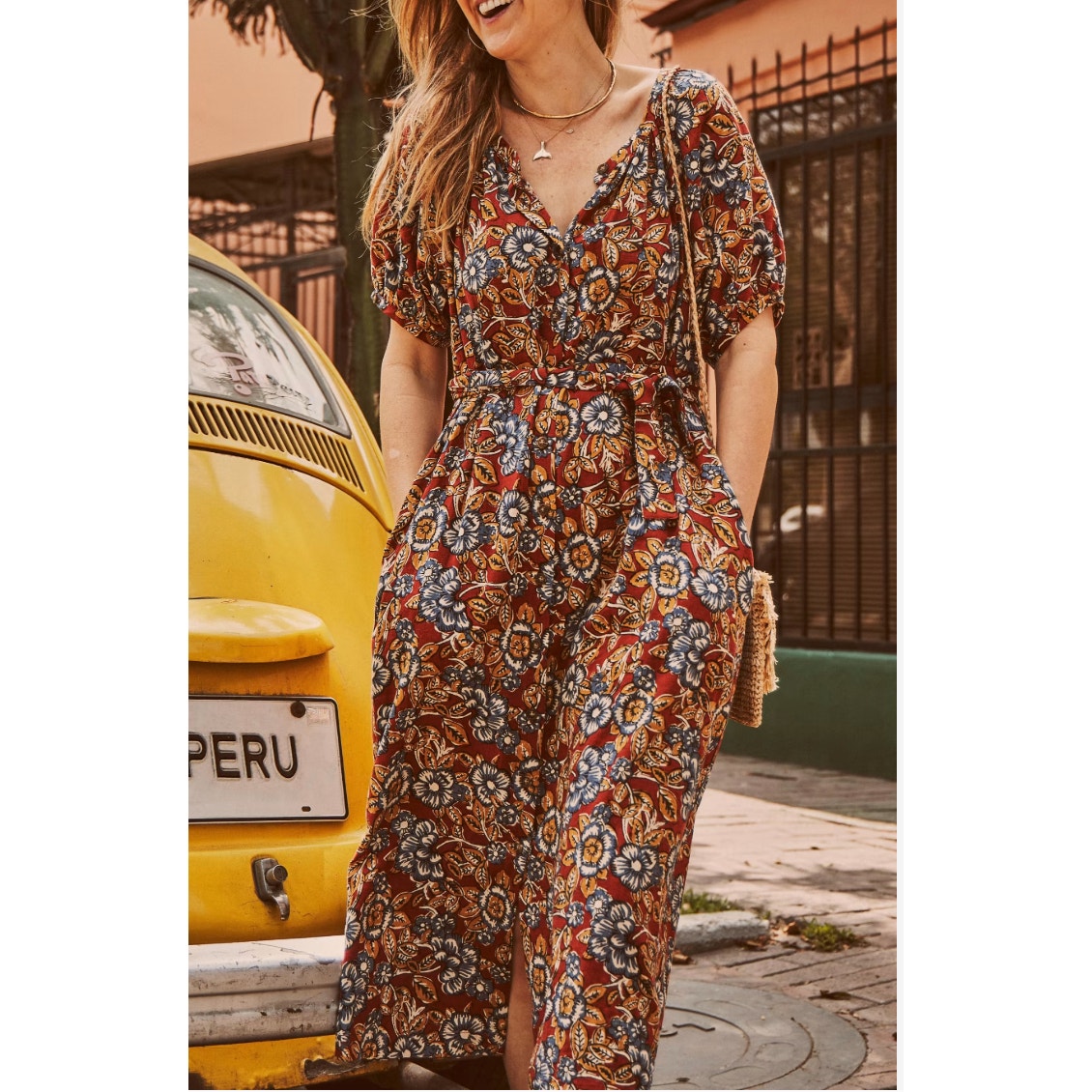 FAHERTY NWT Carmel LInen Blend Red Floral Tie Waist Dress // XS