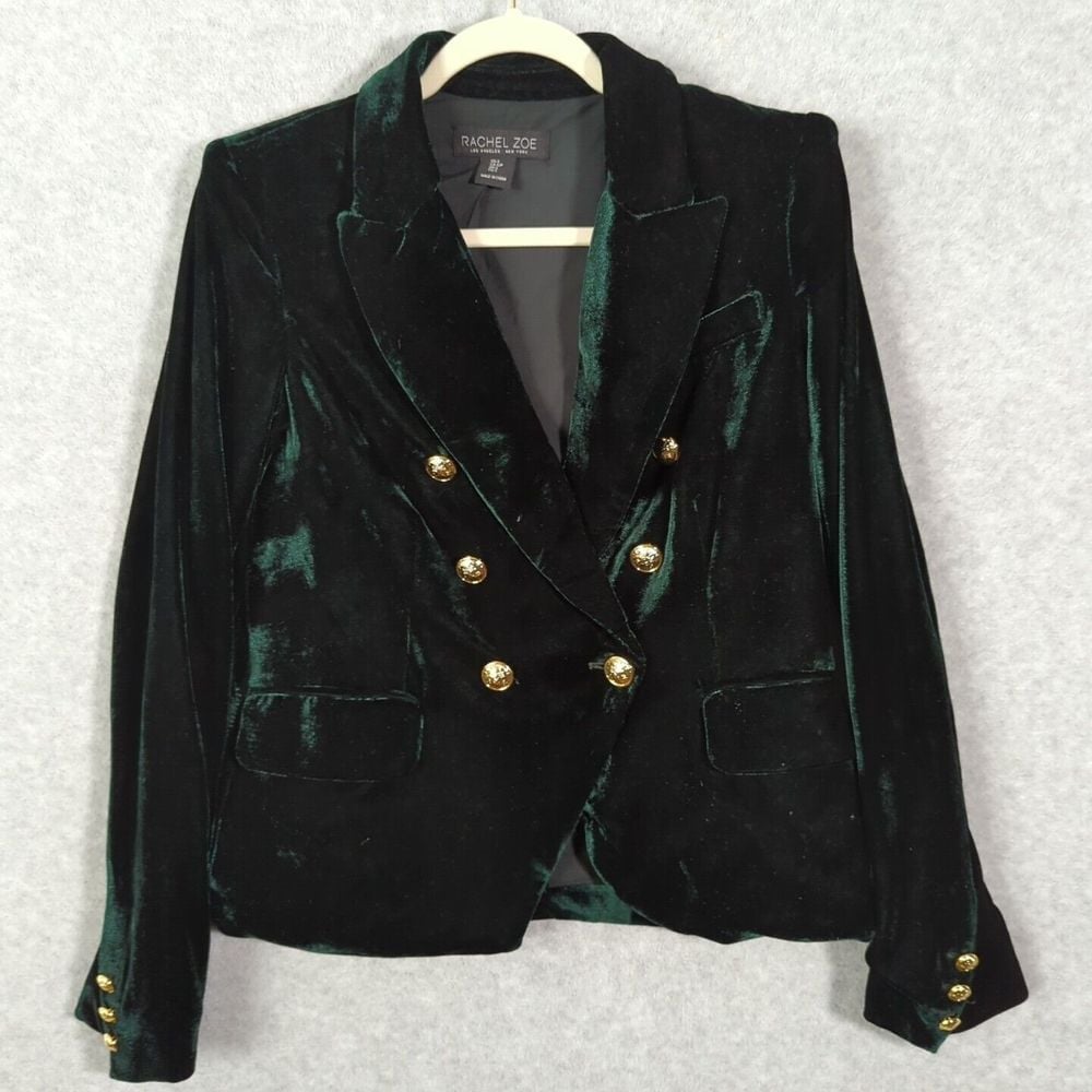 Rachel Zoe Emerald Green Velvet Double Breasted Blazer Small Gold Buttons