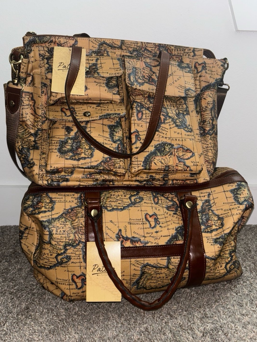 Patricia Nash 2pc Duffle Bag & Tote Travel Set-Patina Coated Euro Map Print