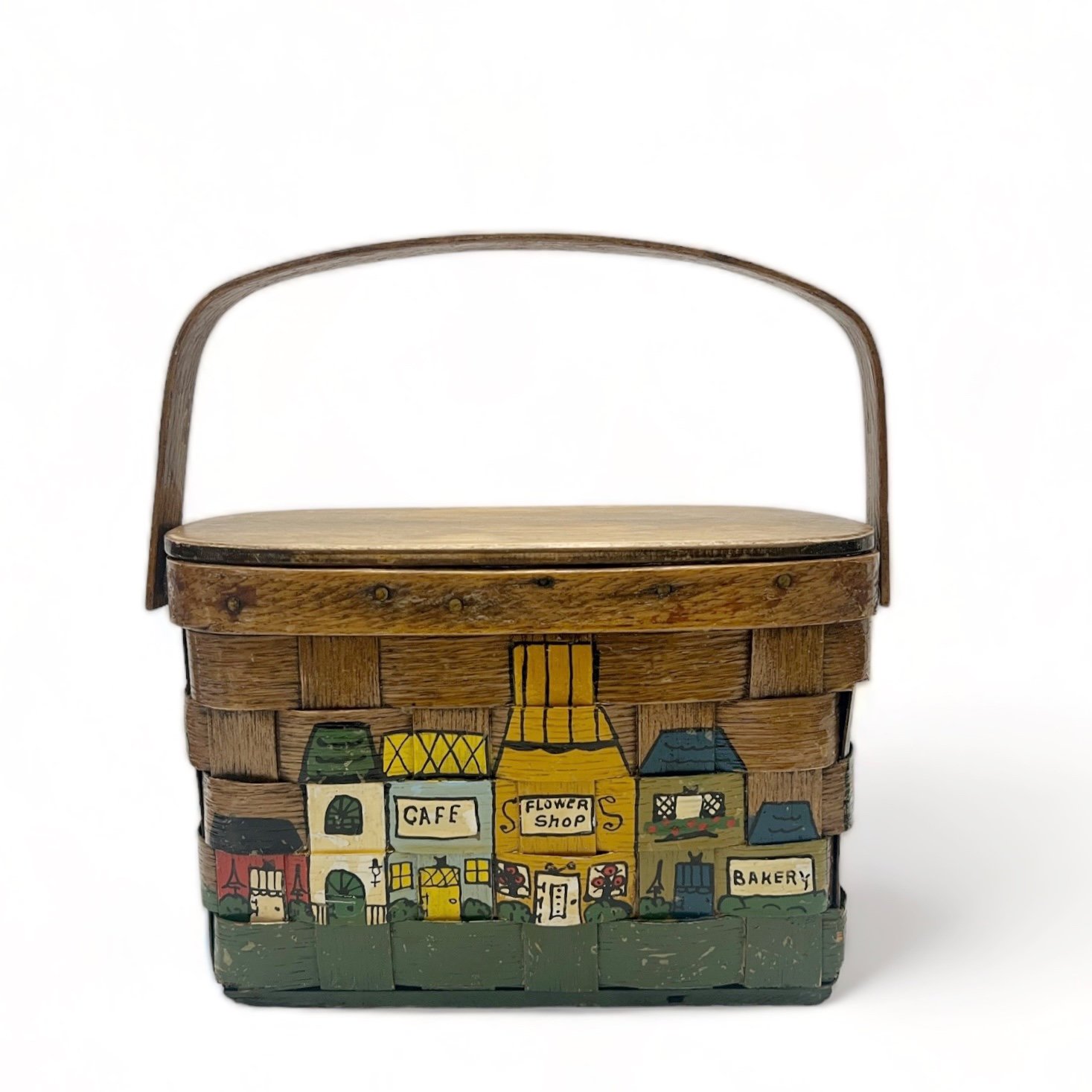 Vintage Whimsical Hand Painted Colorful Village Town Wooden Woven Basket Purse