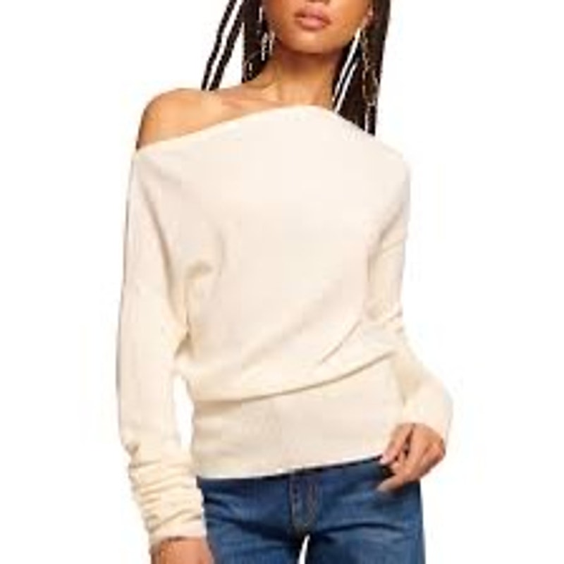 Ramy Brook Chance Wool Off-The-Shoulder Fine Knit Sweater in Ivory Size Small