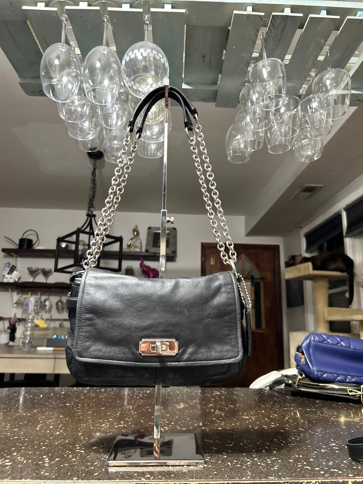 Coach Chelsea Black Leather Chain Strap Crossbody Shoulder Flap Bag Purse #17825