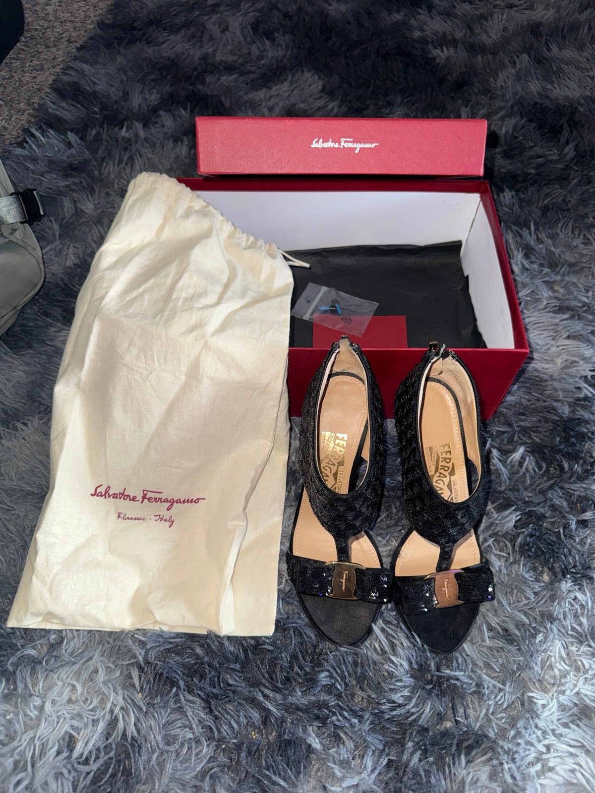 Salvatore Ferragamo Black Sequins Heel Pump
