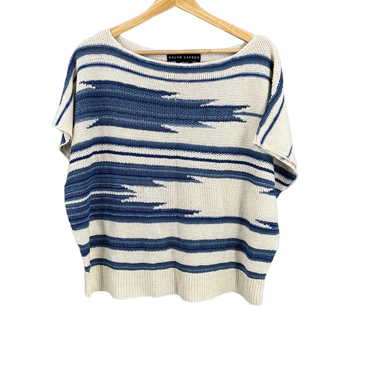 Ralph Lauren Black Label Sweater Blue White Abstract Hand Knit Silk Linen Large