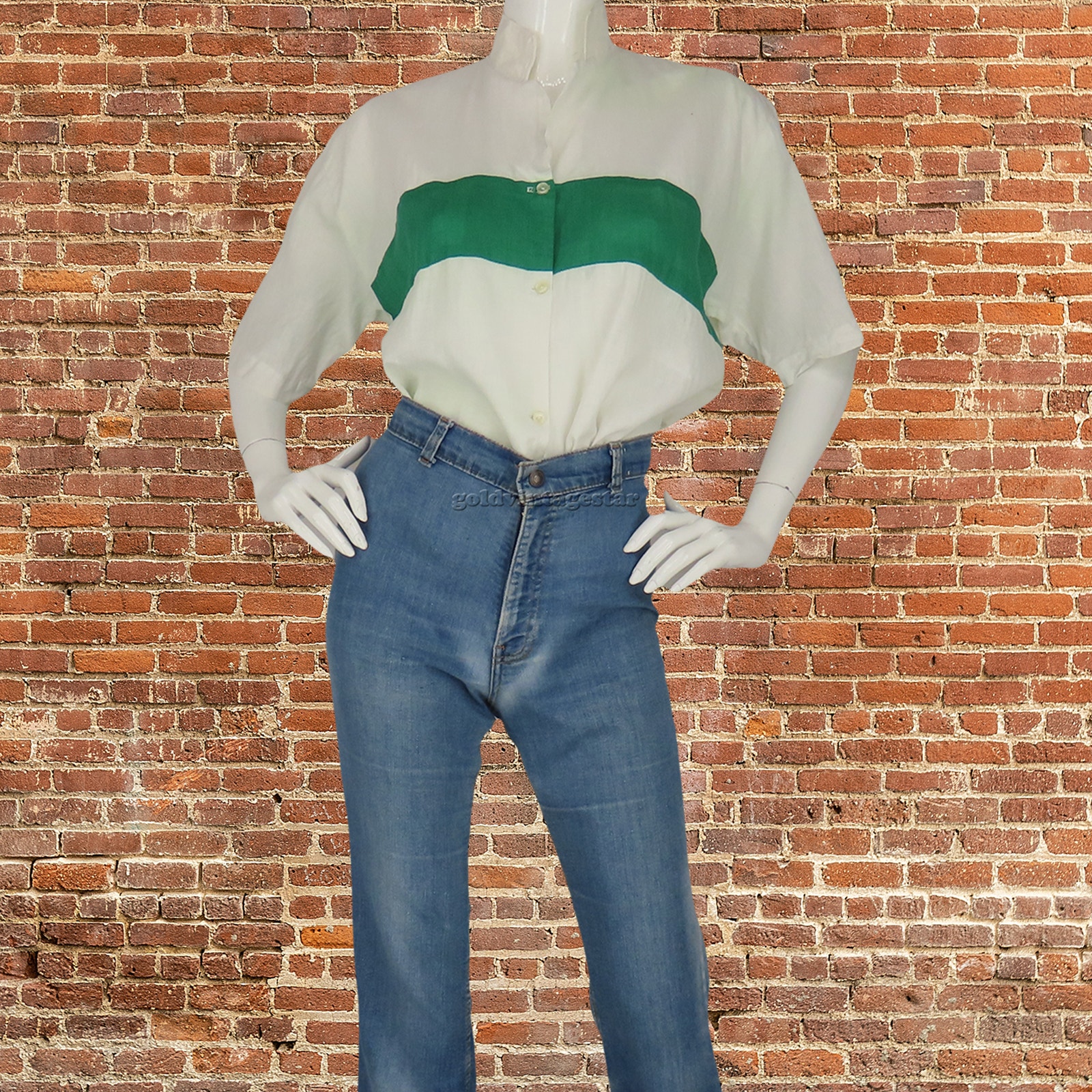 Vintage Green Flag Button Top XL, Chic Casual Street Style