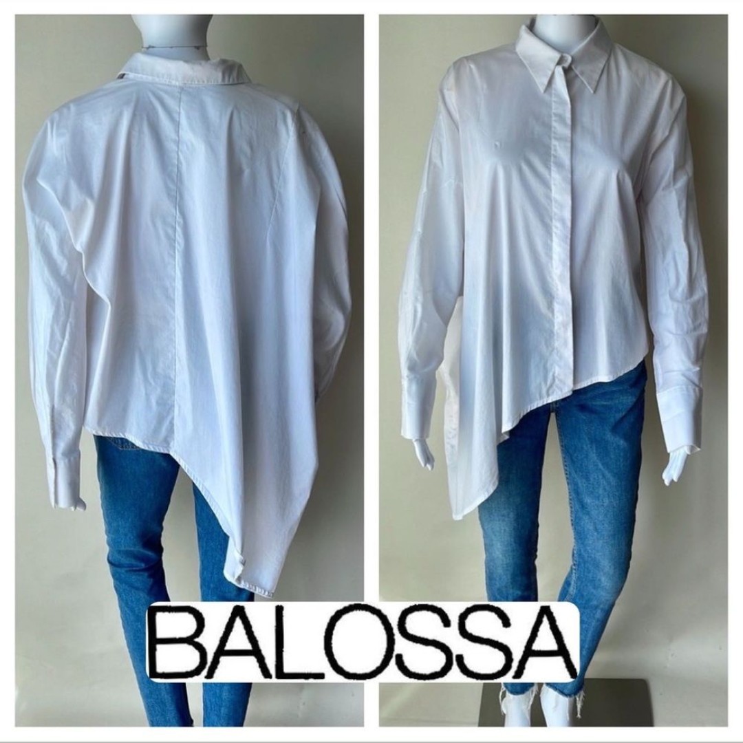 BALOSSA Light Blue Hight Low Button Up Cuffed Sleeve Collar Blouse Oversized 4