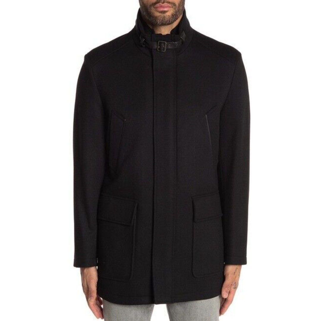 Cole Haan Wool Blend Leather Trim Rib Knit Inset Coat Size L