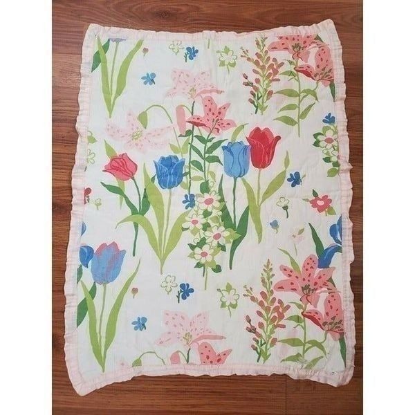 Vintage 60s Pink White Floral Satin Trim Receiving Blanket Tulips Lilies